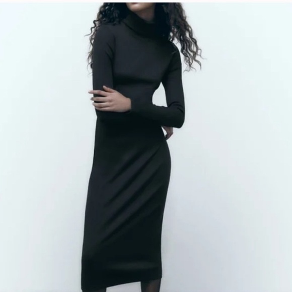 Zara Knit Black Ribbed Turtleneck Midi Dress - Picture 1 of 5